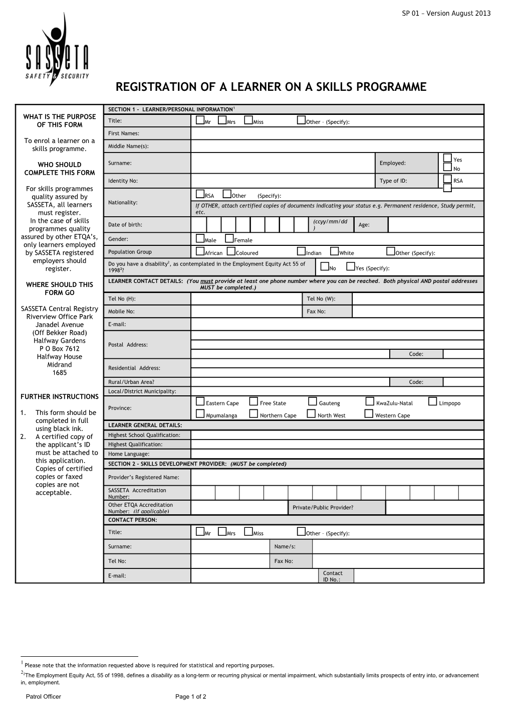 Registration of a Learner on a Skills Programme