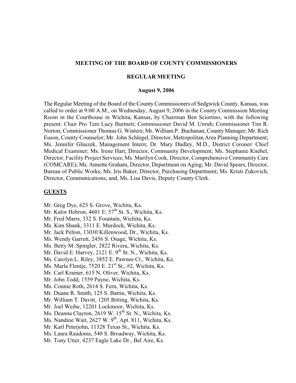 County Commissioner Meeting Minutes Aug 9 2006