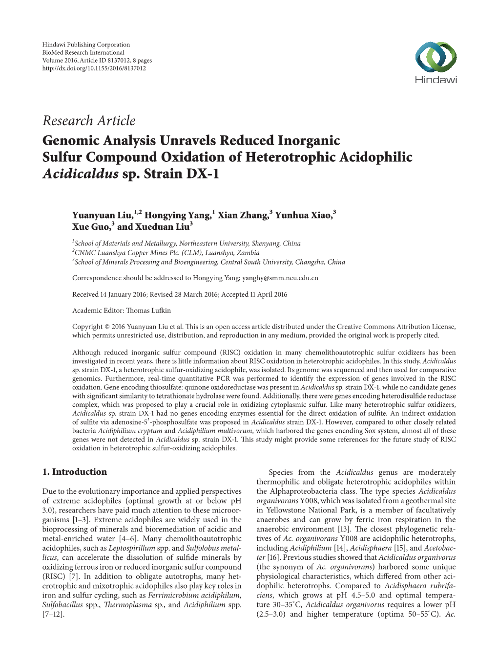 Genomic Analysis Unravels Reduced Inorganic Sulfur Compound Oxidation of Heterotrophic Acidophilic Acidicaldus Sp