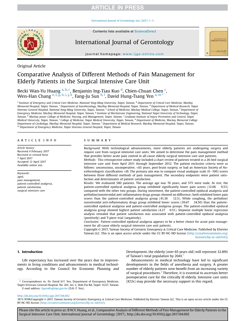 Original Articlecomparative Analysis of Different Methods of Pain Management for Elderly Patients in the Surgical Intensive Care
