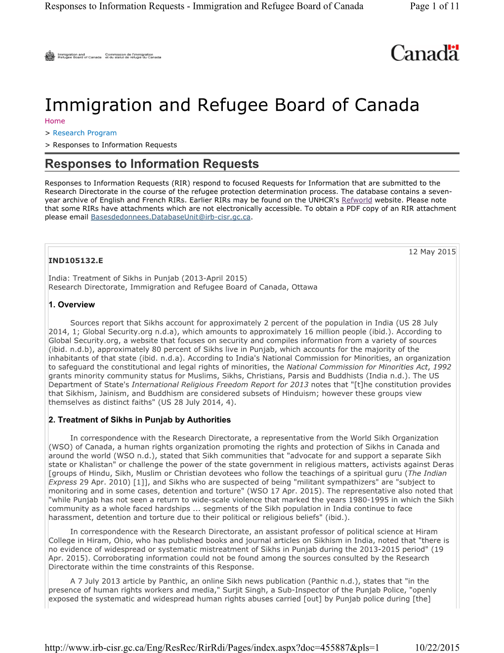Treatment of Sikhs in Punjab (2013-April 2015) Research Directorate, Immigration and Refugee Board of Canada, Ottawa