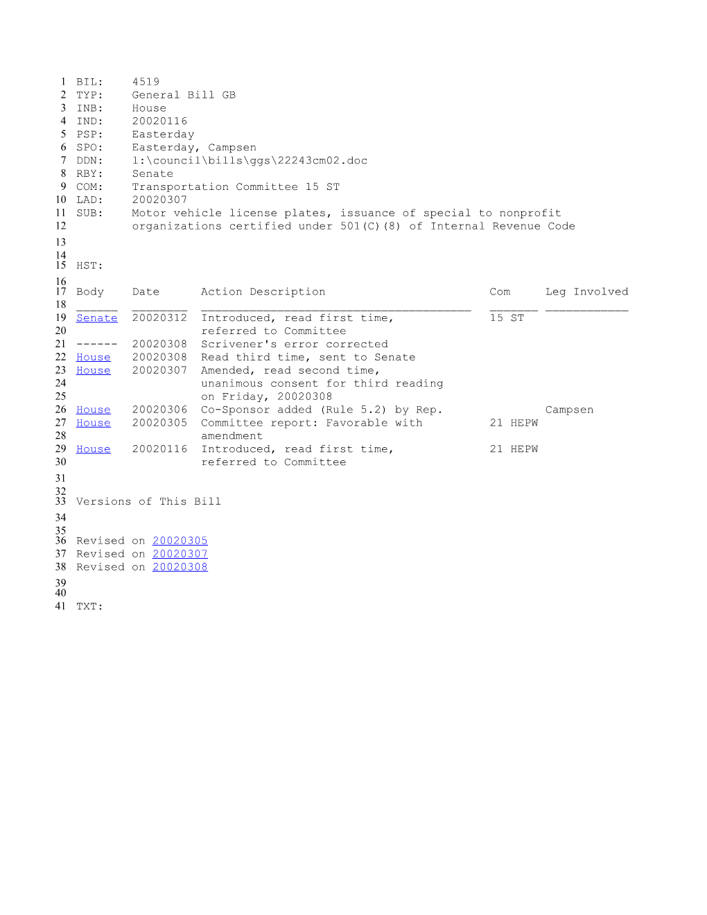 2001-2002 Bill 4519: Motor Vehicle License Plates, Issuance of Special to Nonprofit