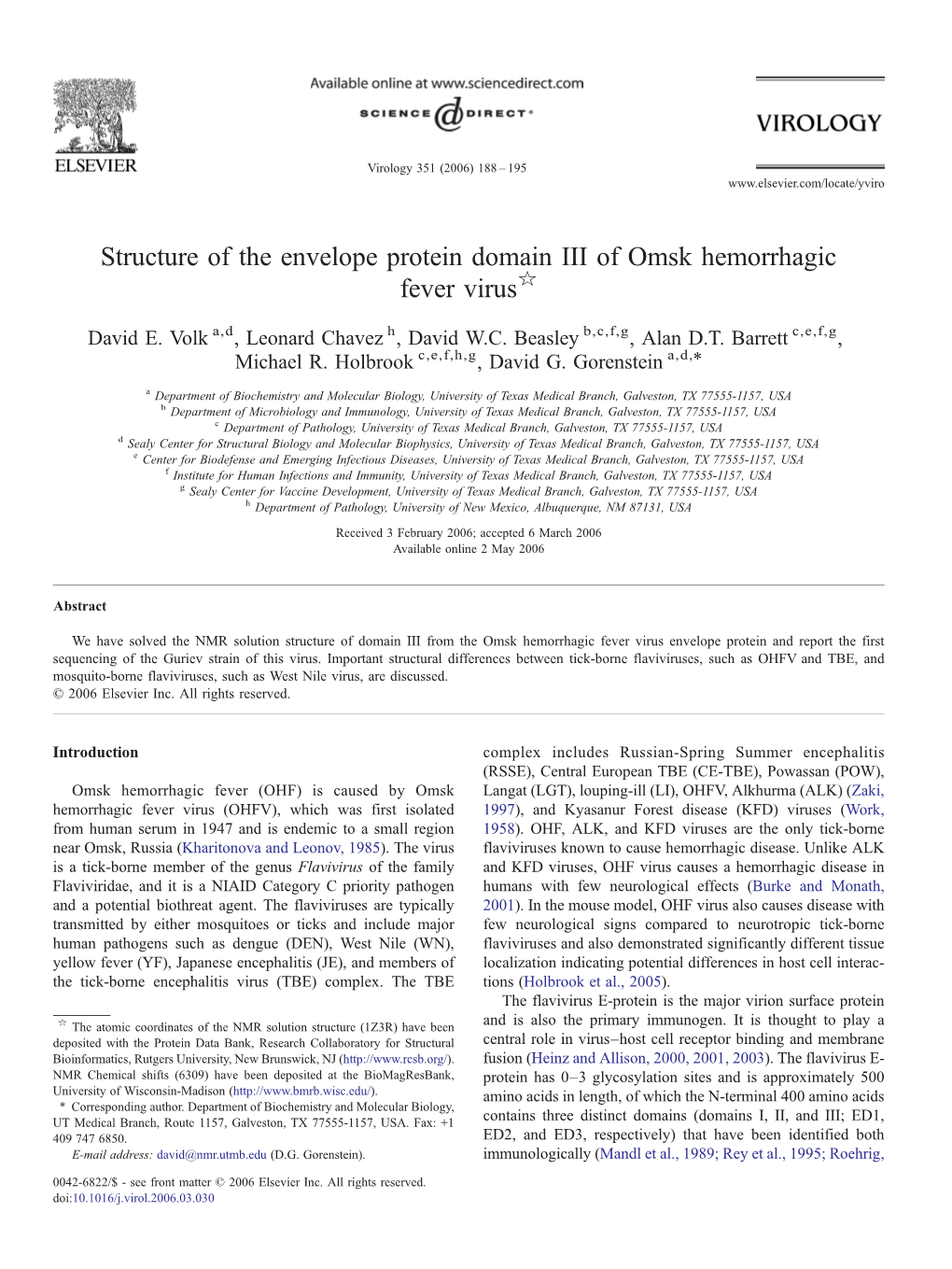 Structure of the Envelope Protein Domain III of Omsk Hemorrhagic Fever Virus☆
