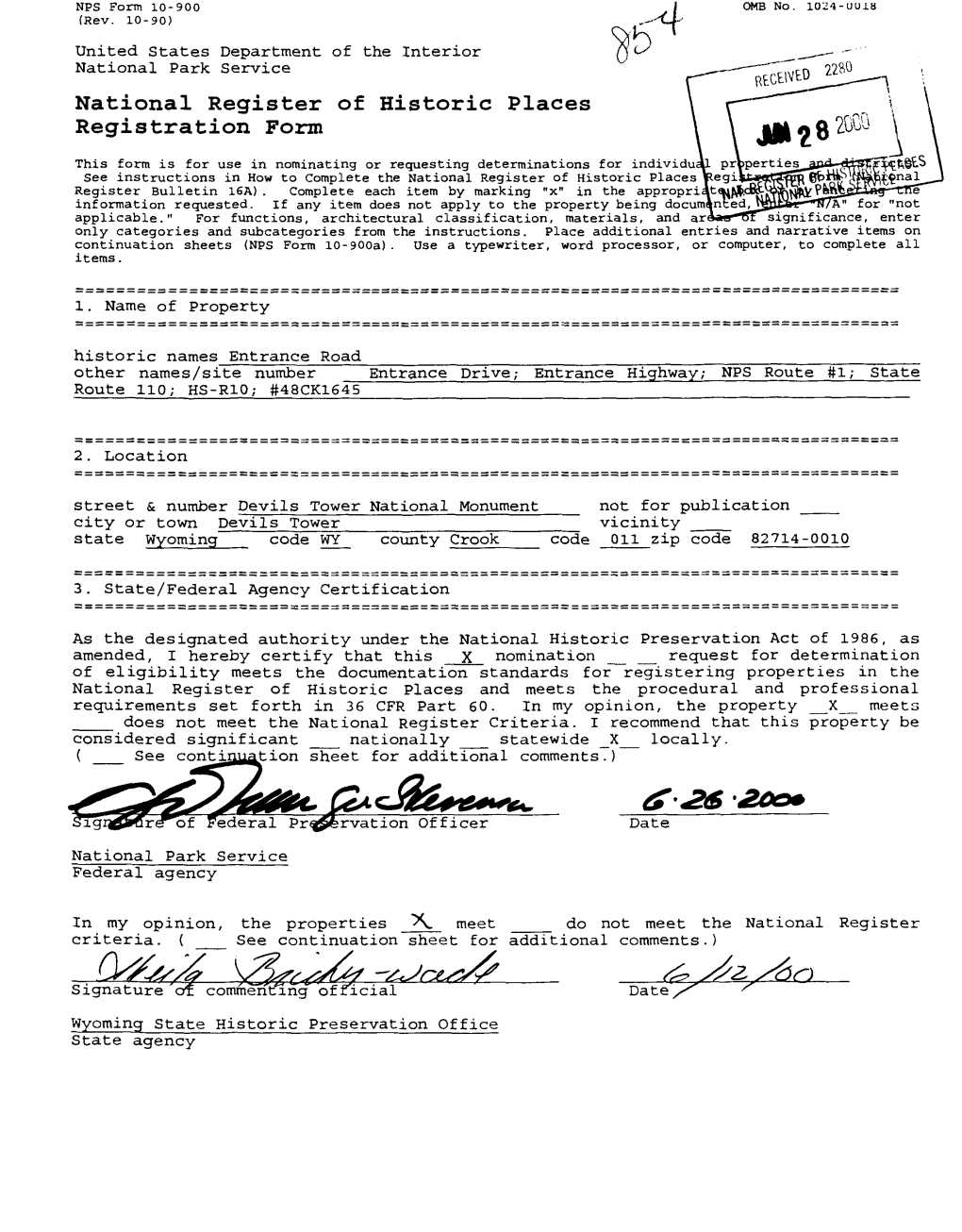 Entrance Road National Register Form Size