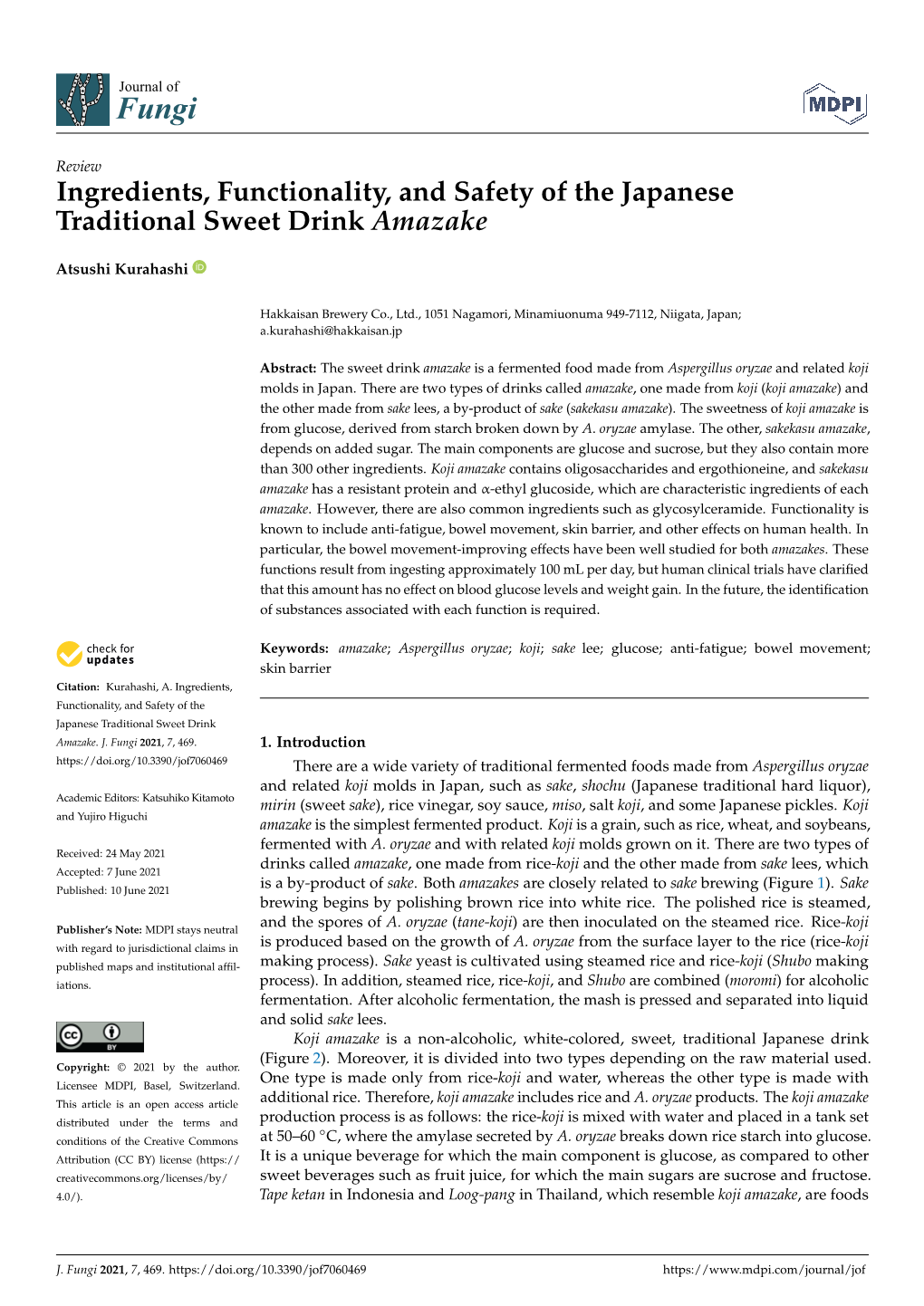 Ingredients, Functionality, and Safety of the Japanese Traditional Sweet Drink Amazake