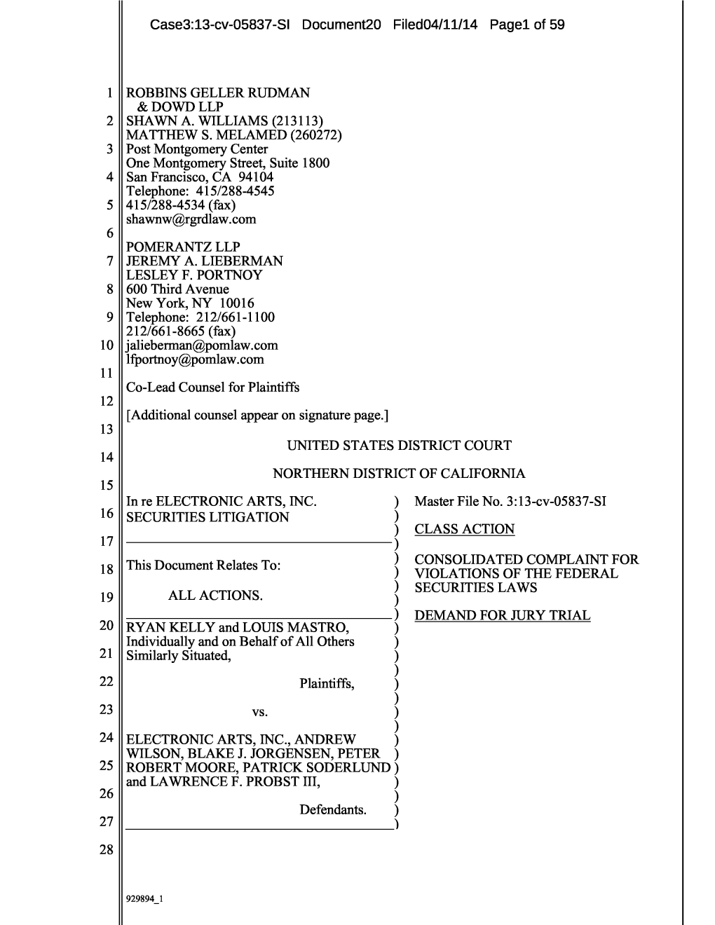 Ryan Kelly, Et Al. V. Electronic Arts, Inc., Et Al. 13-CV-05837