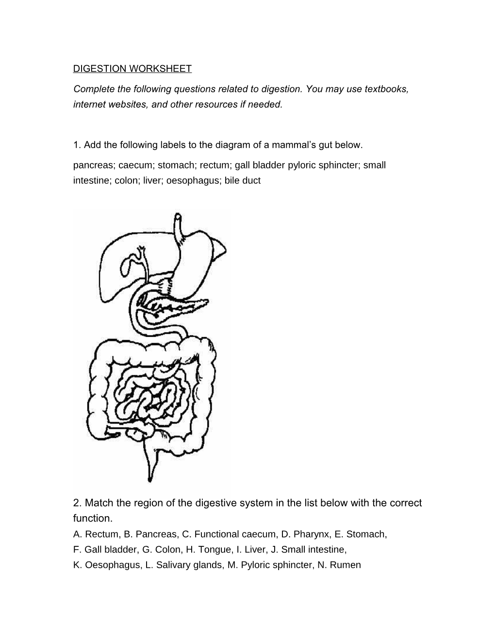 1. Add the Following Labels to the Diagram of a Mammal S Gut Below