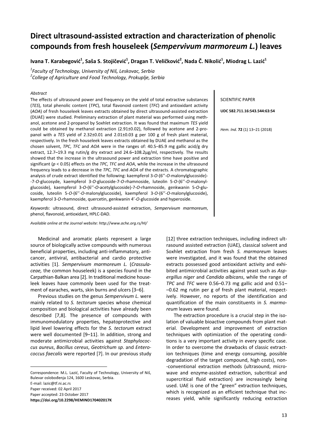 {Direct Ultrasound-Assisted Extraction and Characterization of Phenolic