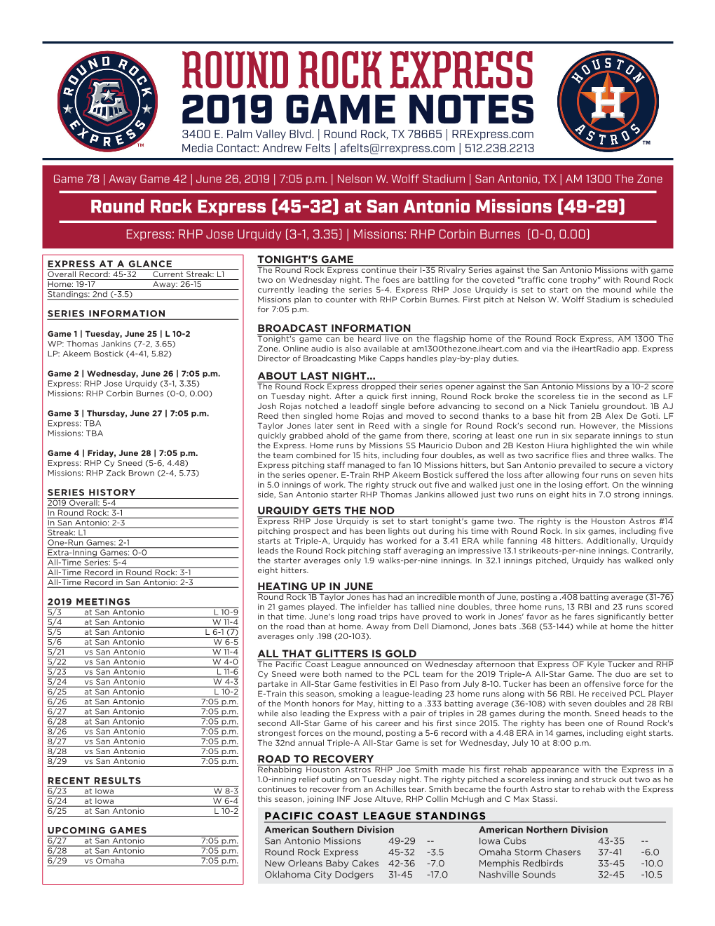 Round Rock Express 2019 GAME NOTES 3400 E