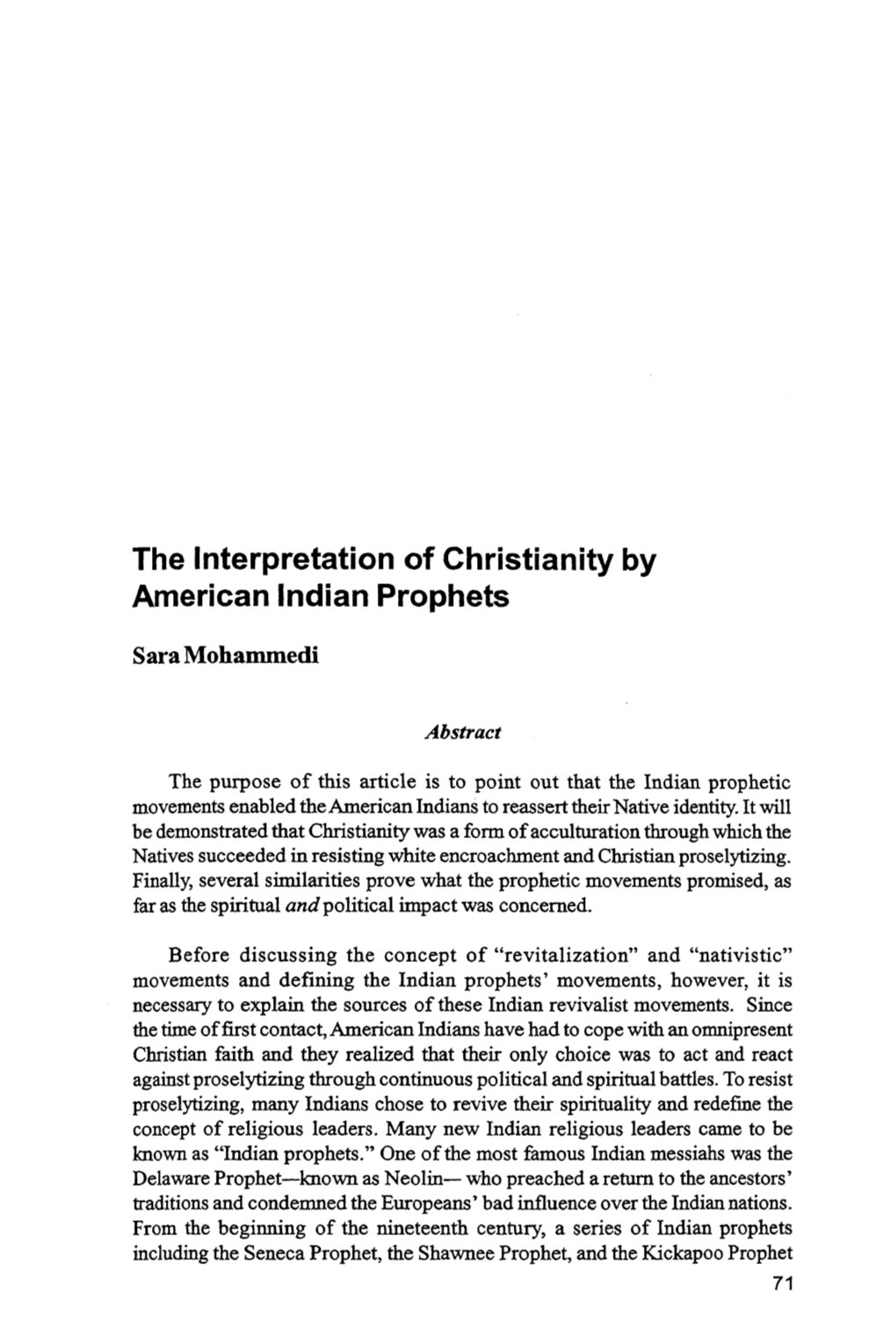 The Interpretation of Christianity by American Indian Prophets