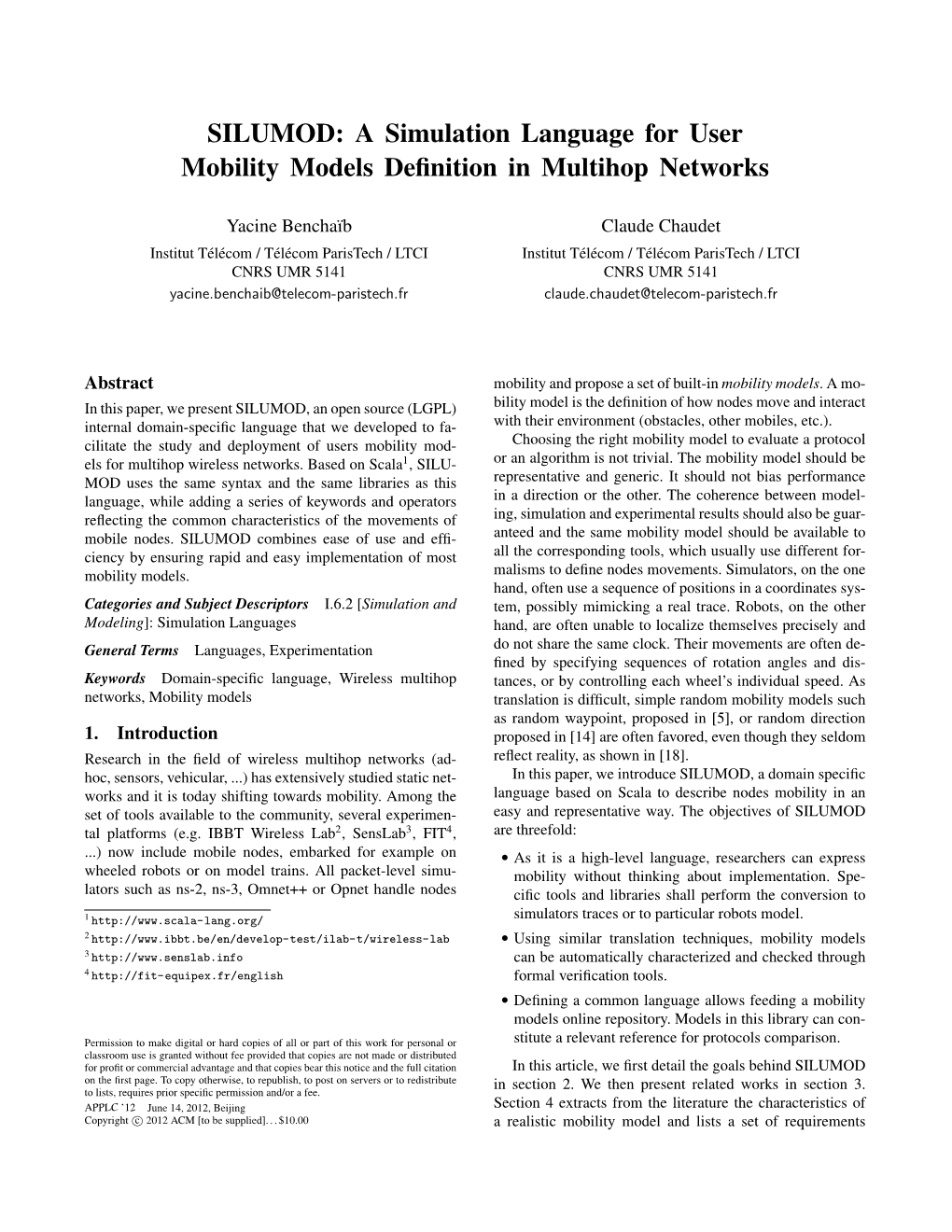 A Simulation Language for User Mobility Models Definition