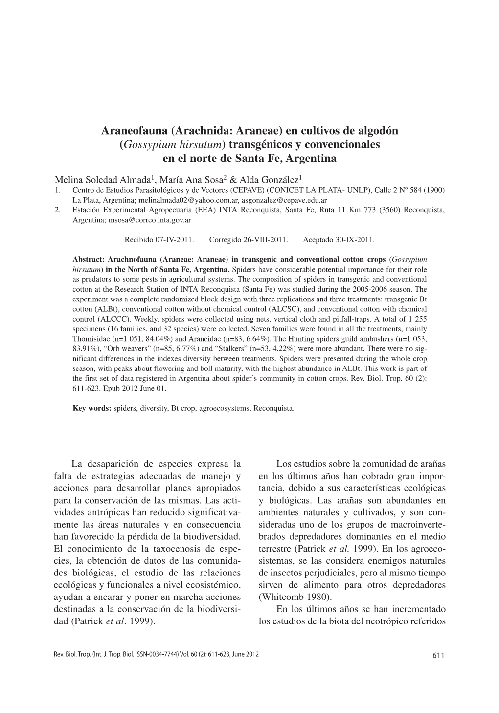 Araneofauna (Arachnida: Araneae) En Cultivos De Algodón (Gossypium Hirsutum) Transgénicos Y Convencionales En El Norte De Santa Fe, Argentina