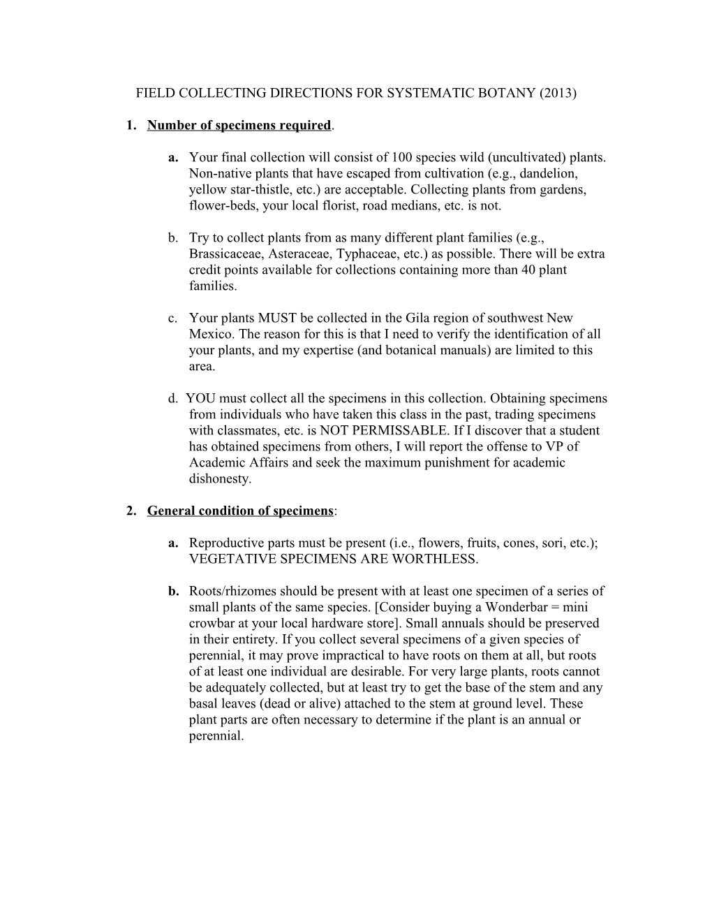 Field Collecting Directions for Systematic Botany