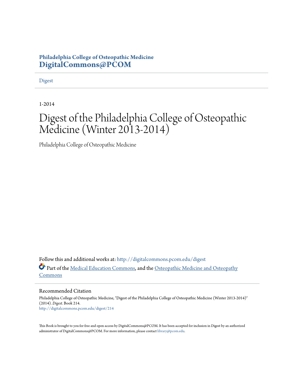 Digest of the Philadelphia College of Osteopathic Medicine (Winter 2013-2014) Philadelphia College of Osteopathic Medicine