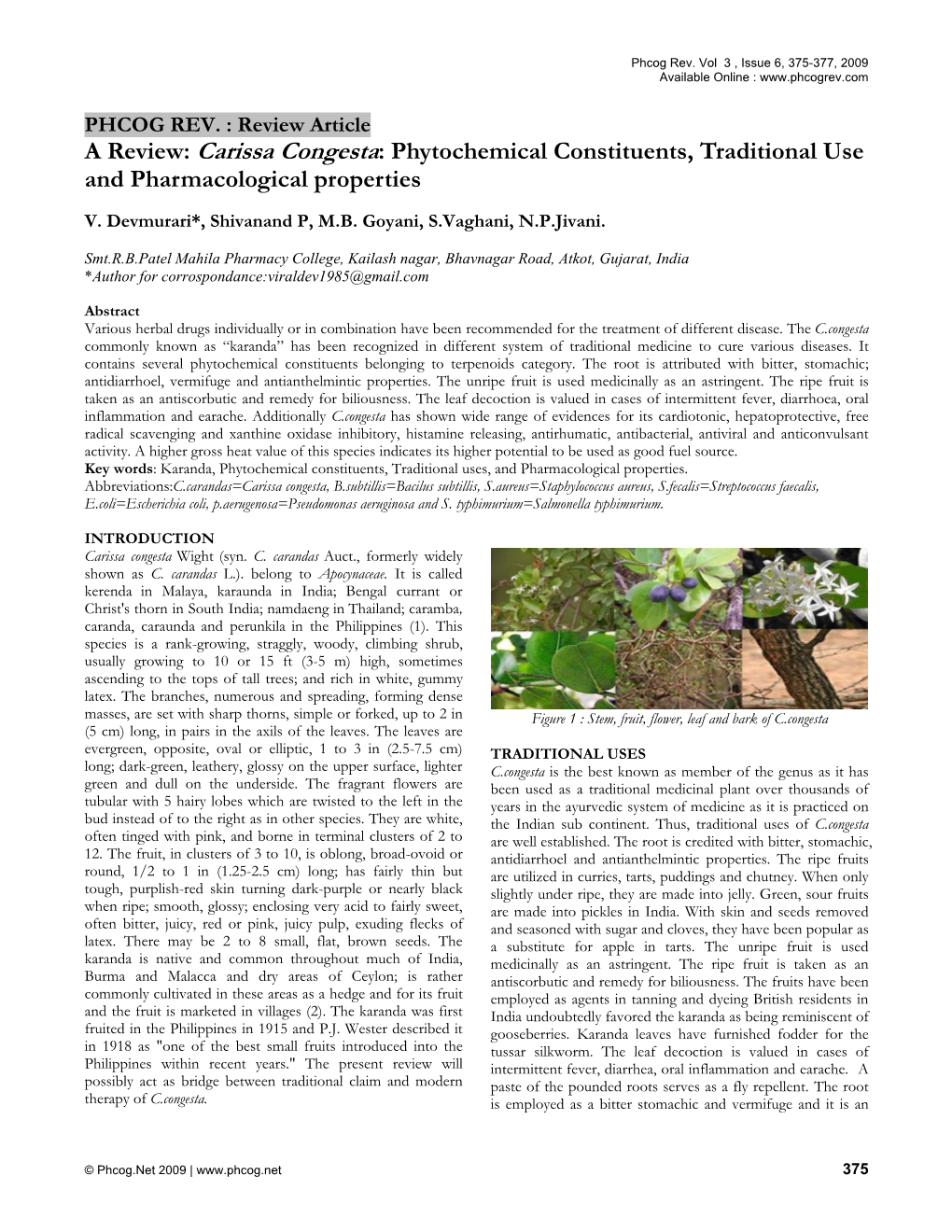 A Review: Carissa Congesta: Phytochemical Constituents, Traditional Use and Pharmacological Properties