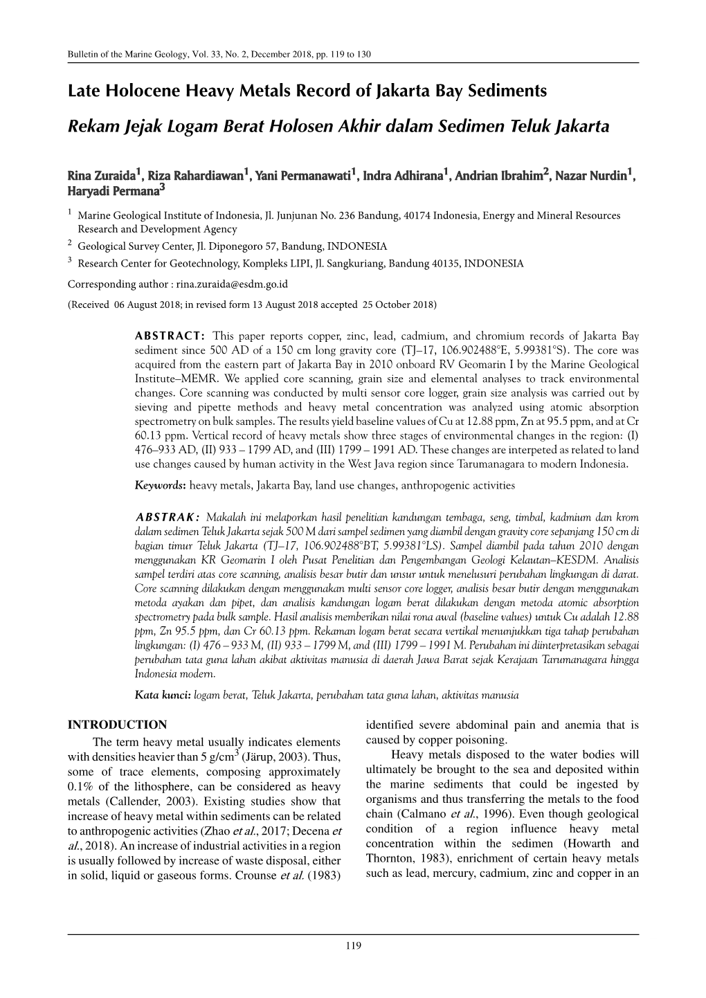 Late Holocene Heavy Metals Record of Jakarta Bay Sediments Rekam