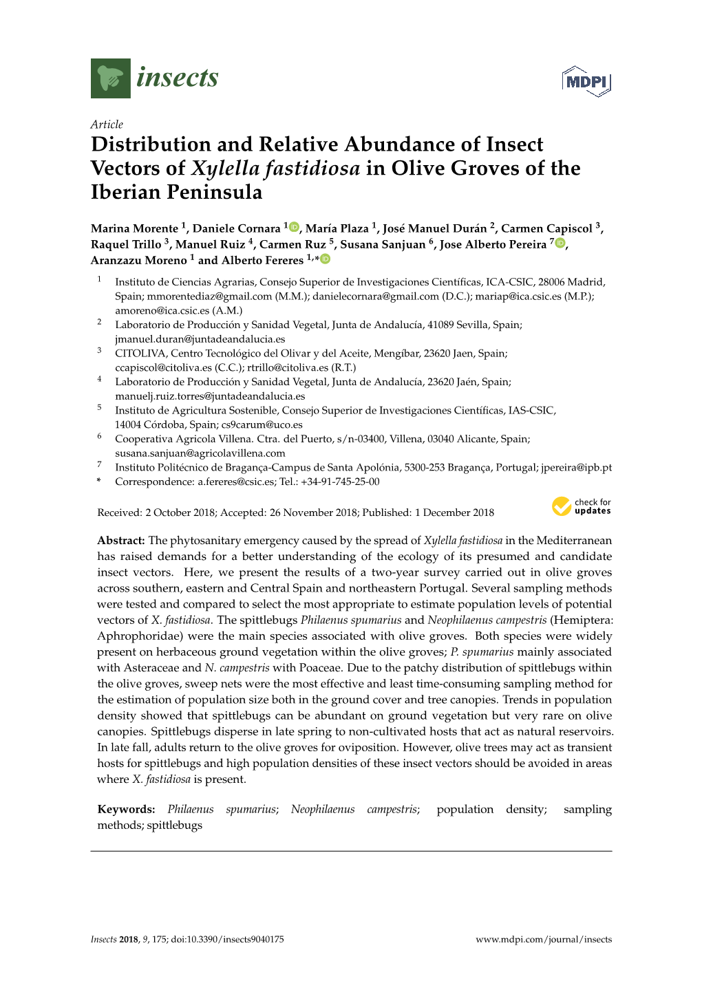 Distribution and Relative Abundance of Insect Vectors of Xylella Fastidiosa in Olive Groves of the Iberian Peninsula