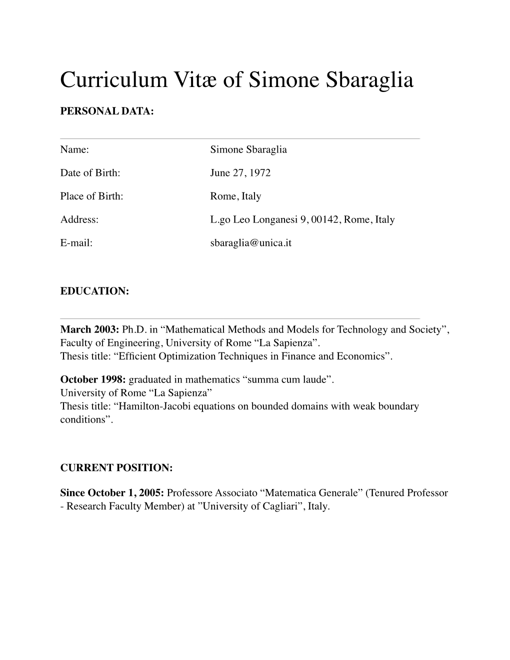Curriculum Vitæ of Simone Sbaraglia