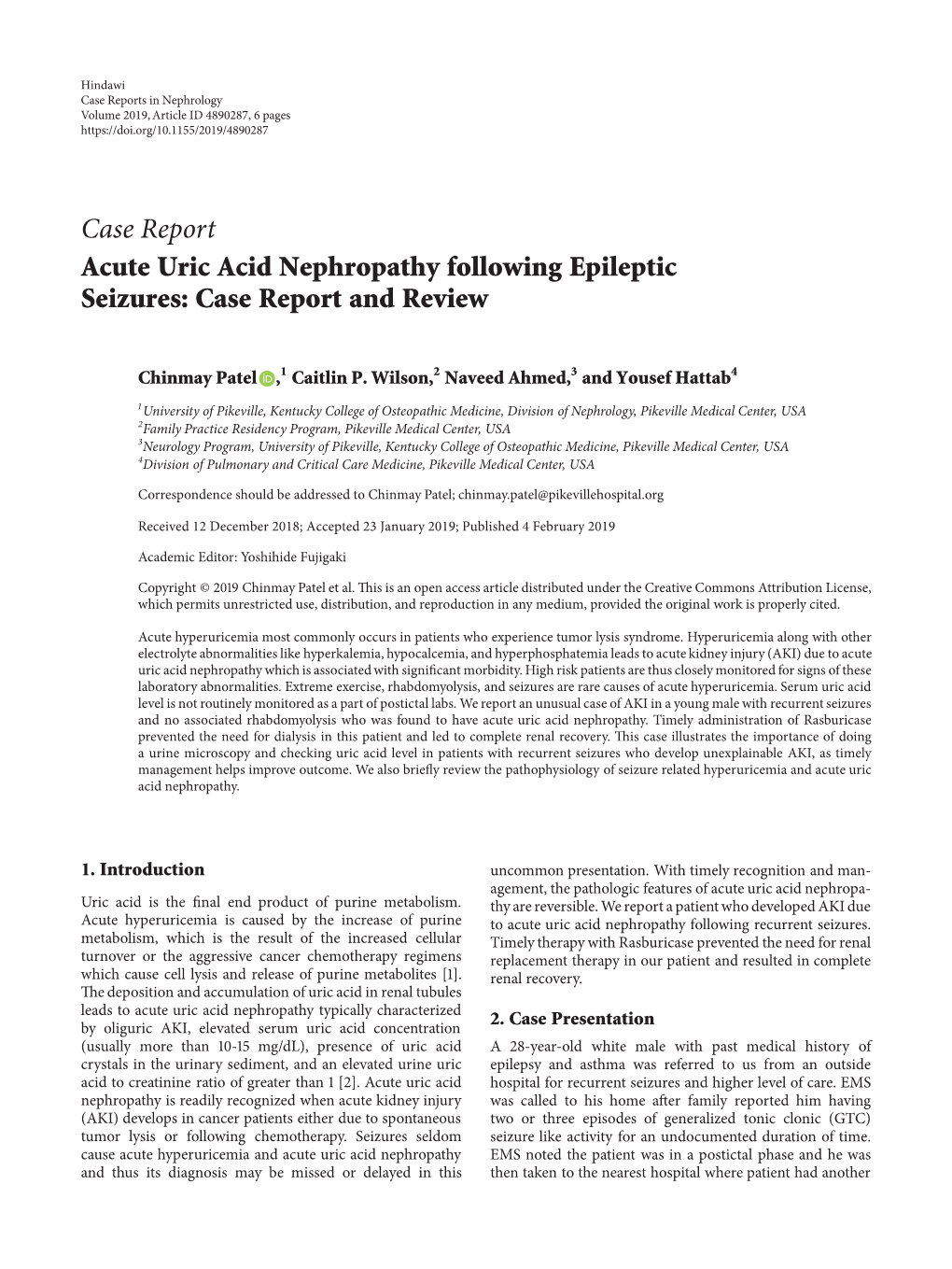 Case Report Acute Uric Acid Nephropathy Following Epileptic Seizures: Case Report and Review