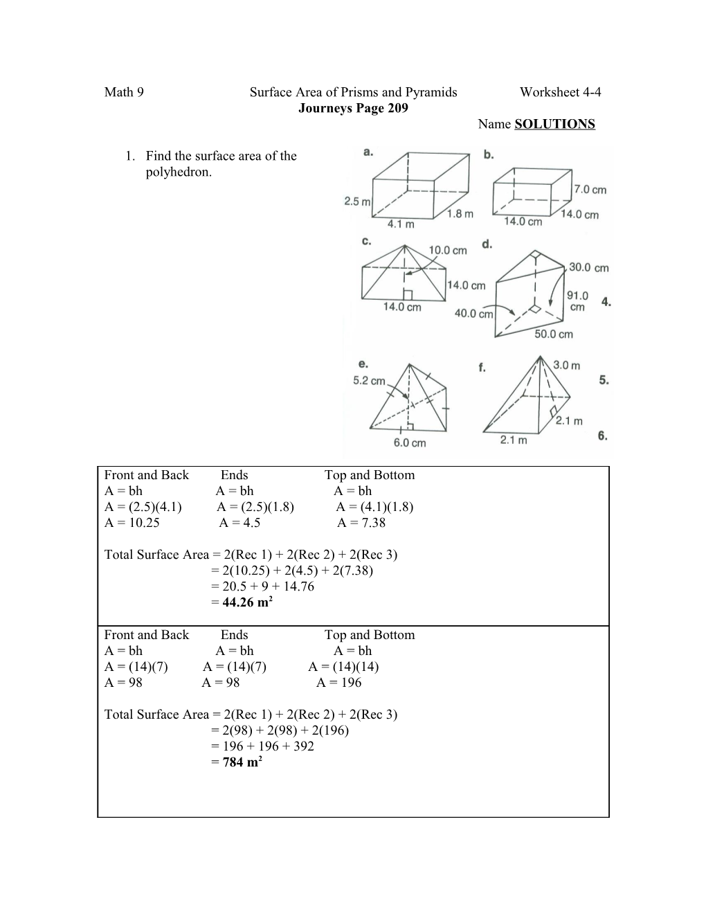 Math 9 Surface Area of Prisms and Pyramids Worksheet 4-4