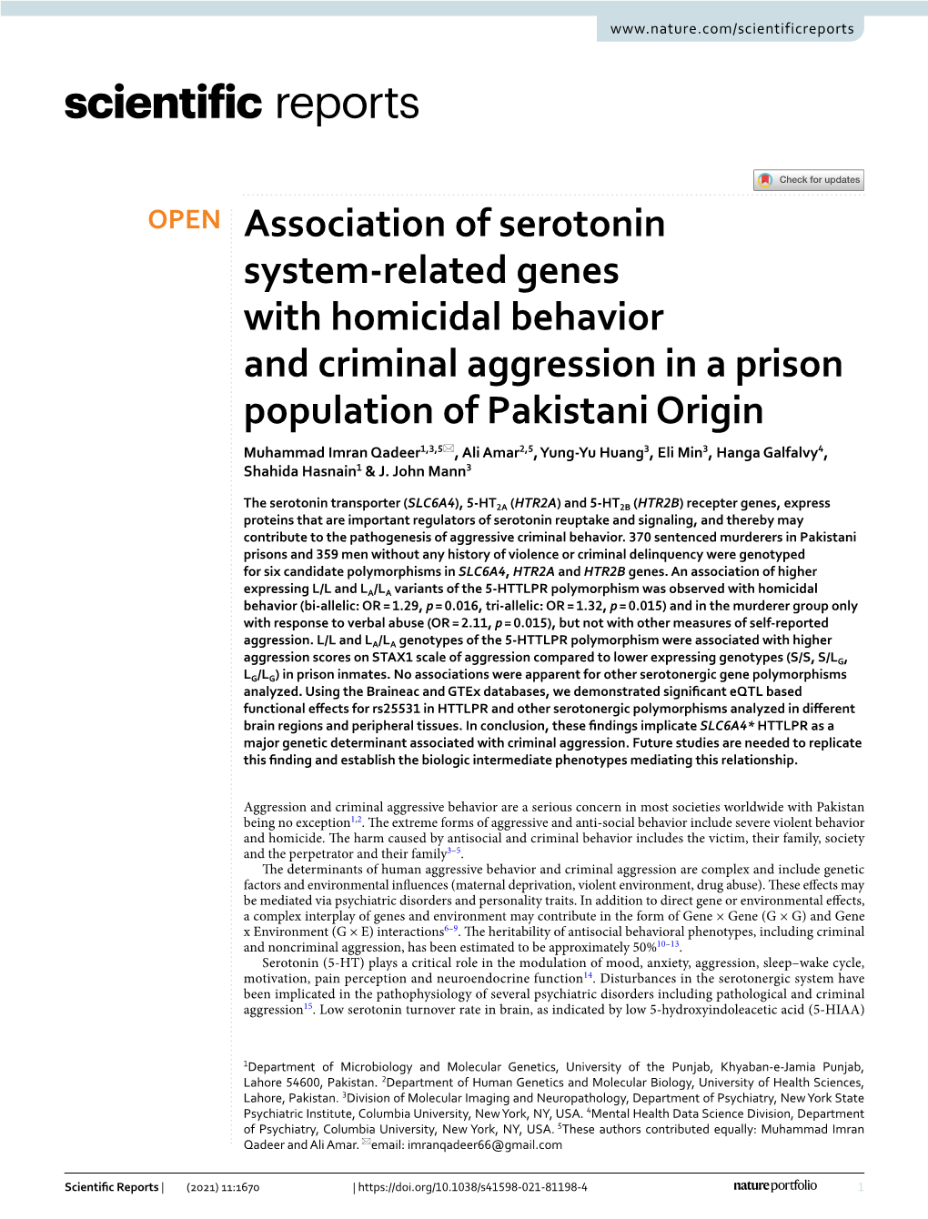 Association of Serotonin System-Related Genes with Homicidal Behavior and Criminal Aggression in a Prison Population of Pakistan