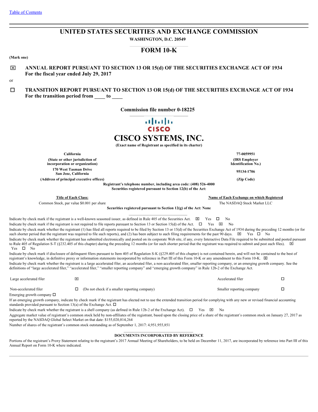 CISCO SYSTEMS, INC. (Exact Name of Registrant As Specified in Its Charter)
