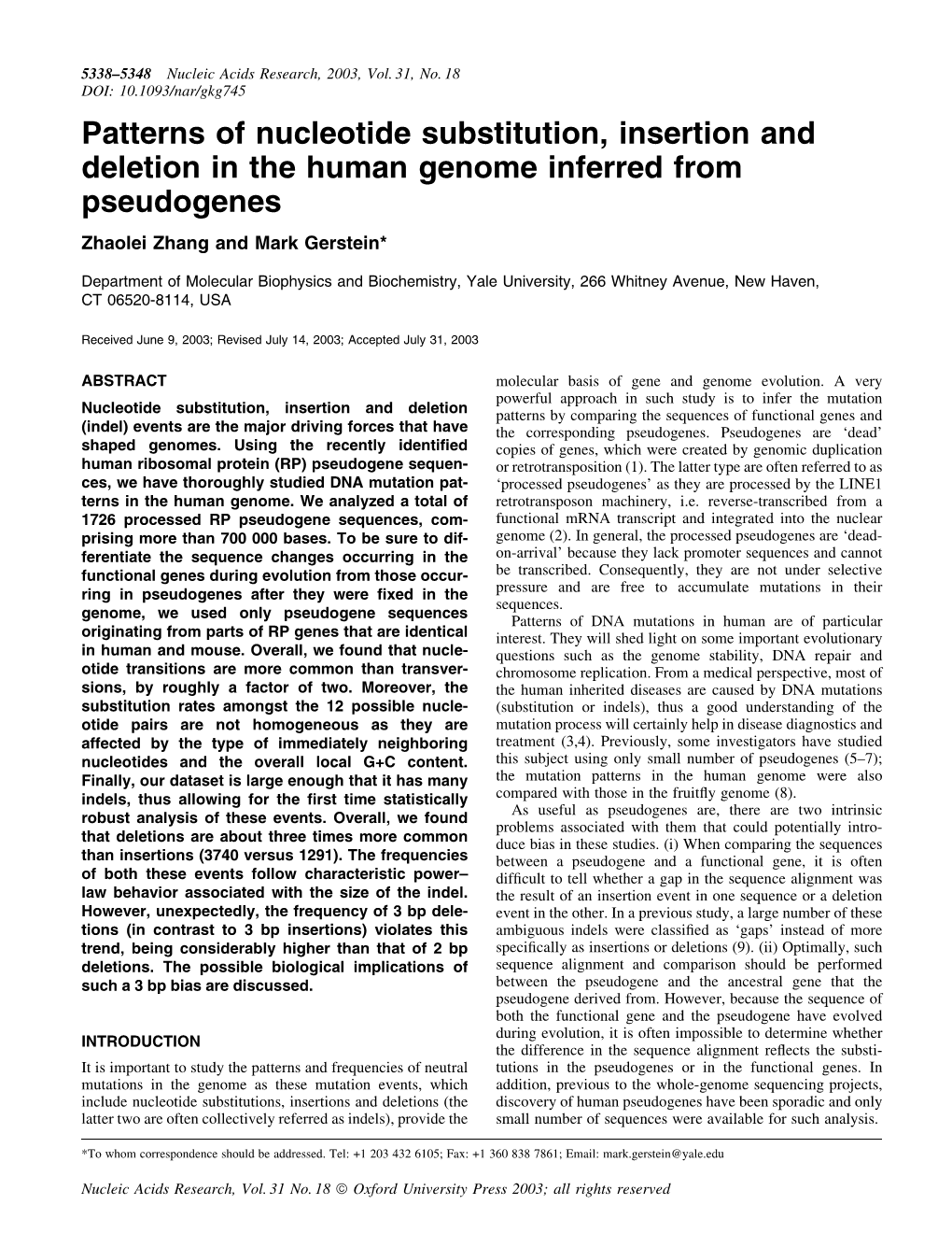 Patterns of Nucleotide Substitution, Insertion and Deletion in the Human Genome Inferred from Pseudogenes