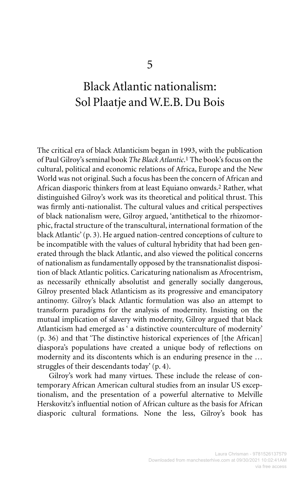 5 Black Atlantic Nationalism: Sol Plaatje and W.E.B