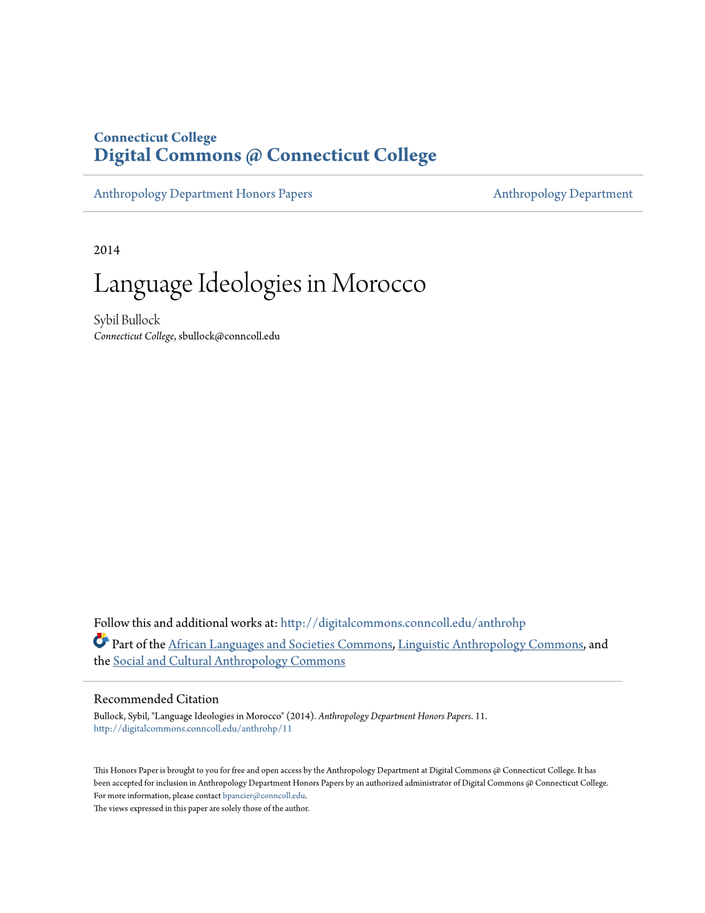 Language Ideologies in Morocco Sybil Bullock Connecticut College, Sbullock@Conncoll.Edu