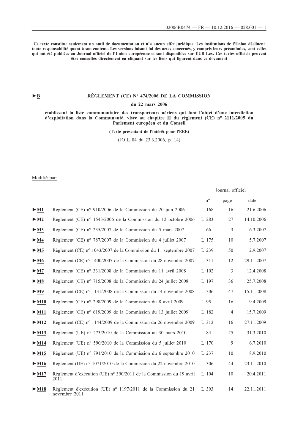 (CE) No 474/2006 DE LA COMMISSION Du 22 Mars