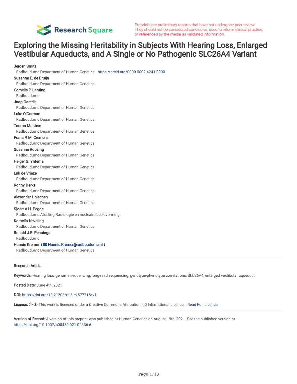 Exploring the Missing Heritability in Subjects with Hearing Loss, Enlarged Vestibular Aqueducts, and a Single Or No Pathogenic SLC26A4 Variant