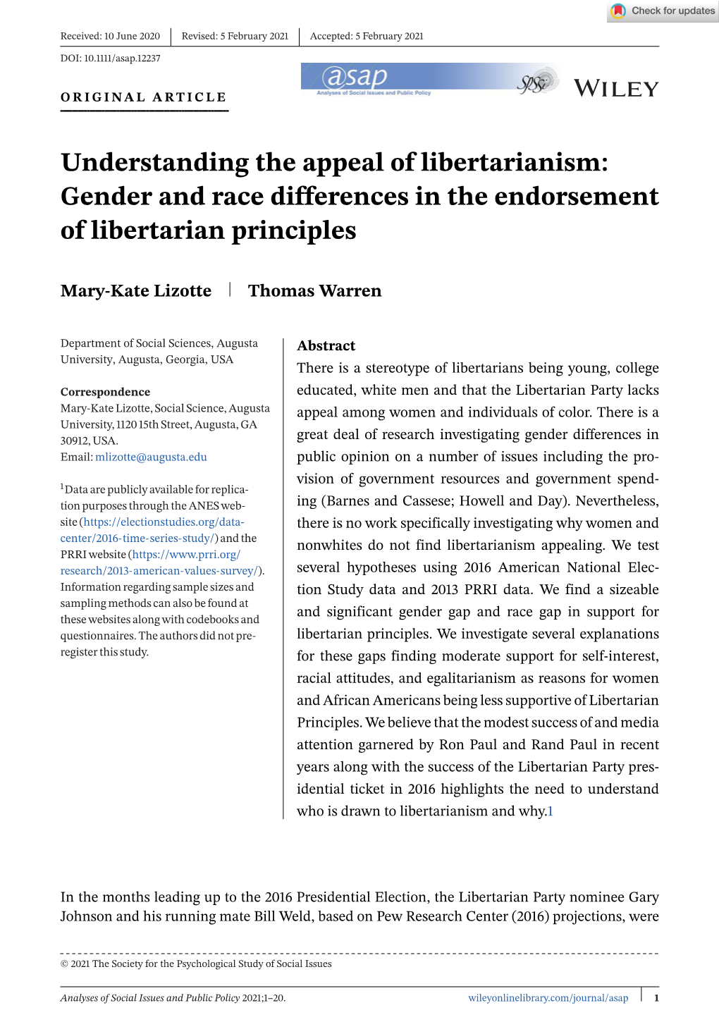 Gender and Race Differences in the Endorsement of Libertarian Principles