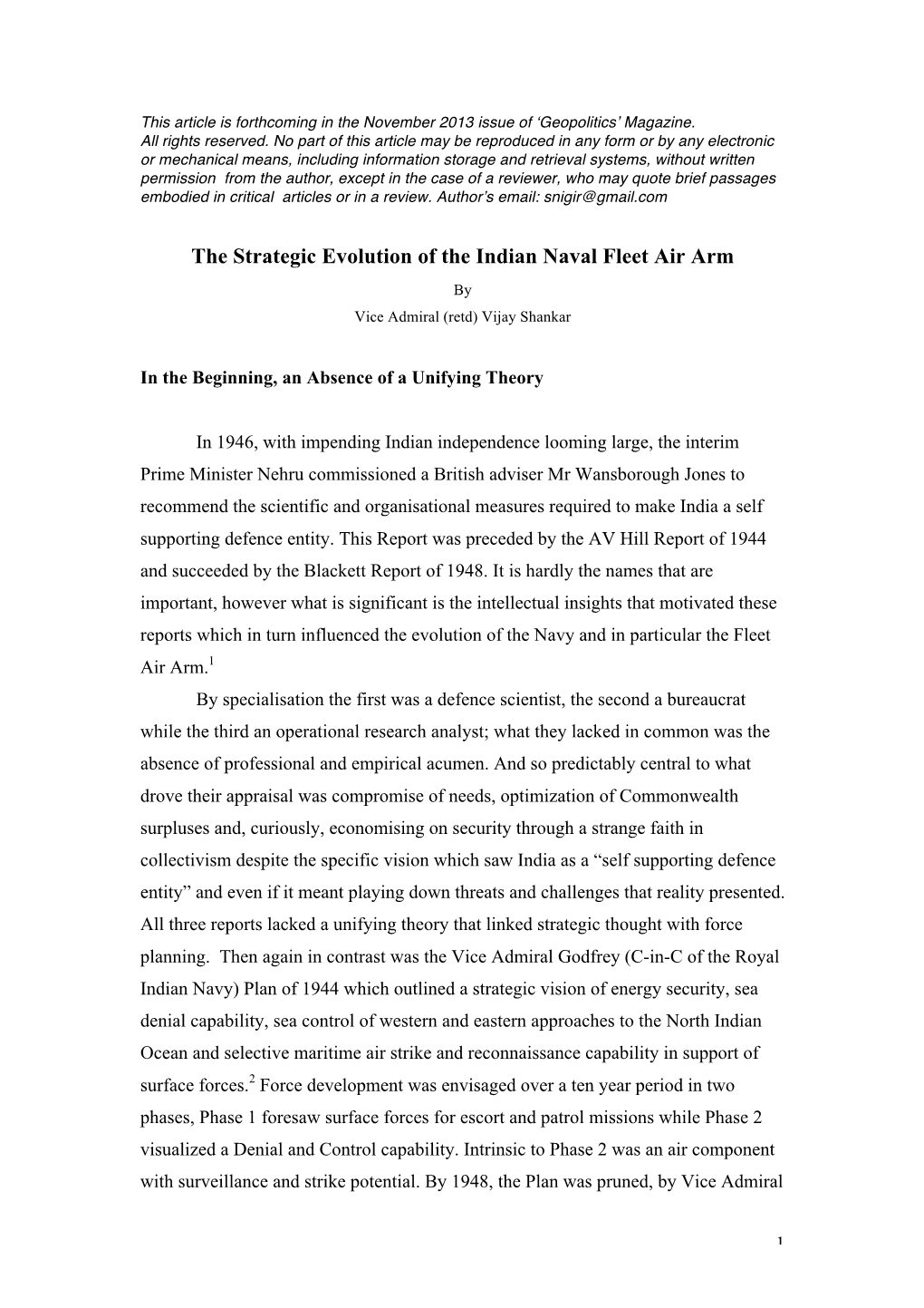 The Strategic Evolution of the Indian Naval Fleet Air Arm by Vice Admiral (Retd) Vijay Shankar