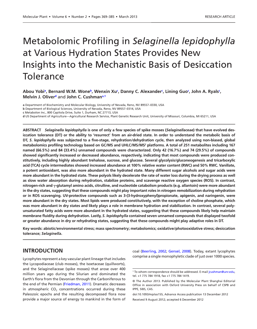 Selaginella Lepidophylla at Various Hydration States Provides New Insights Into the Mechanistic Basis of Desiccation Tolerance