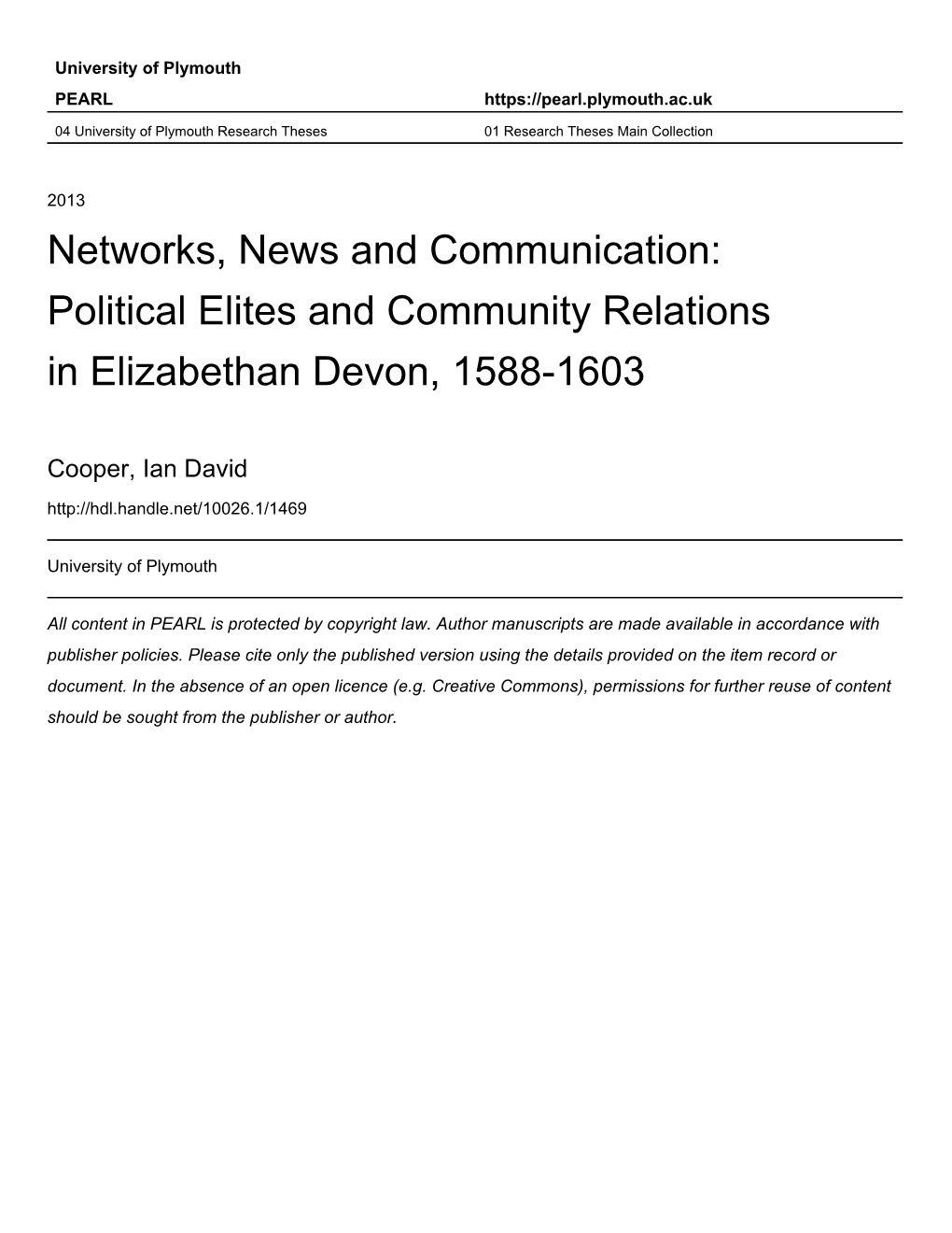 Political Elites and Community Relations in Elizabethan Devon, 1588-1603