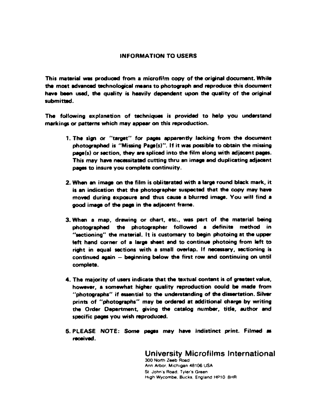 University Microfilms International 300 North 2Eeb Road Ann Arbor, Michigan 40106 USA Sr John's Road