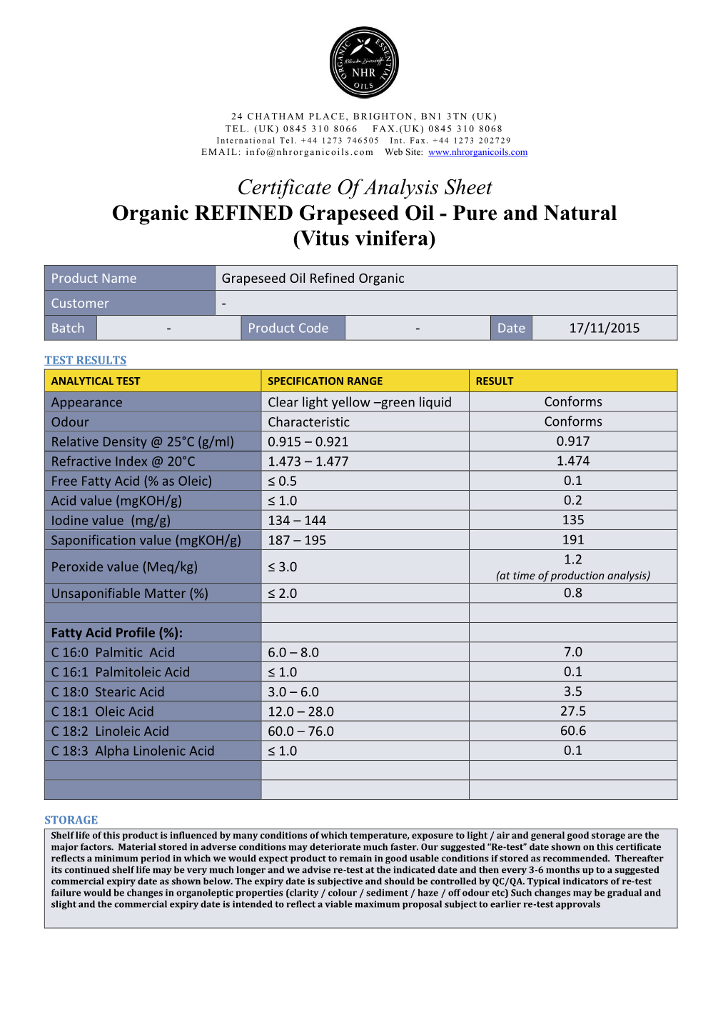 Certificate of Analysis Sheet Organic REFINED Grapeseed Oil - Pure and Natural (Vitus Vinifera)