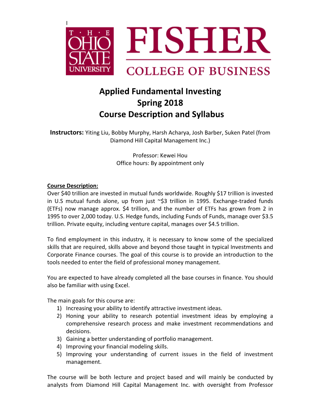 Applied Fundamental Investing Spring 2018 Course Description and Syllabus