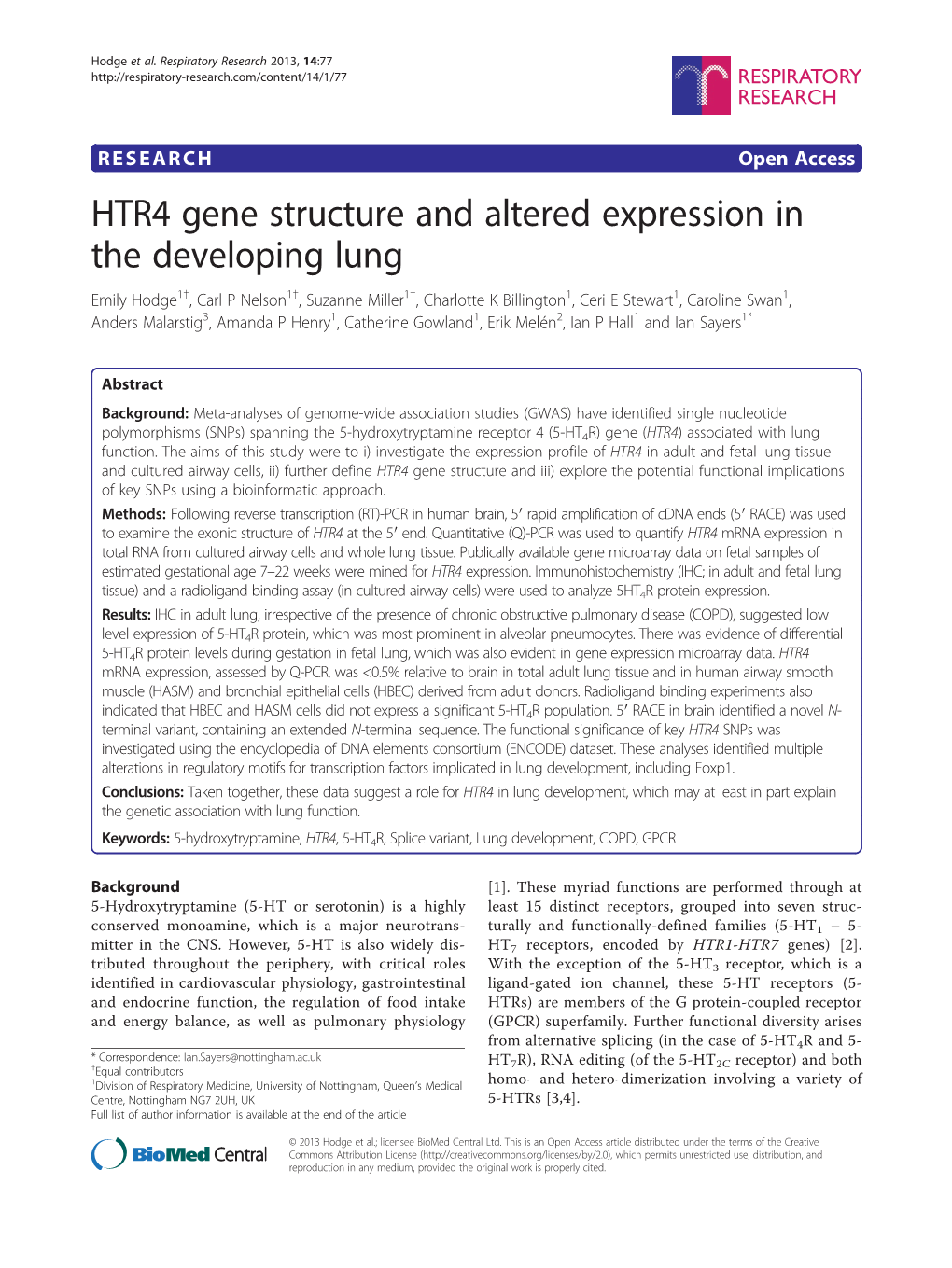 HTR4 Gene Structure and Altered Expression in the Developing Lung