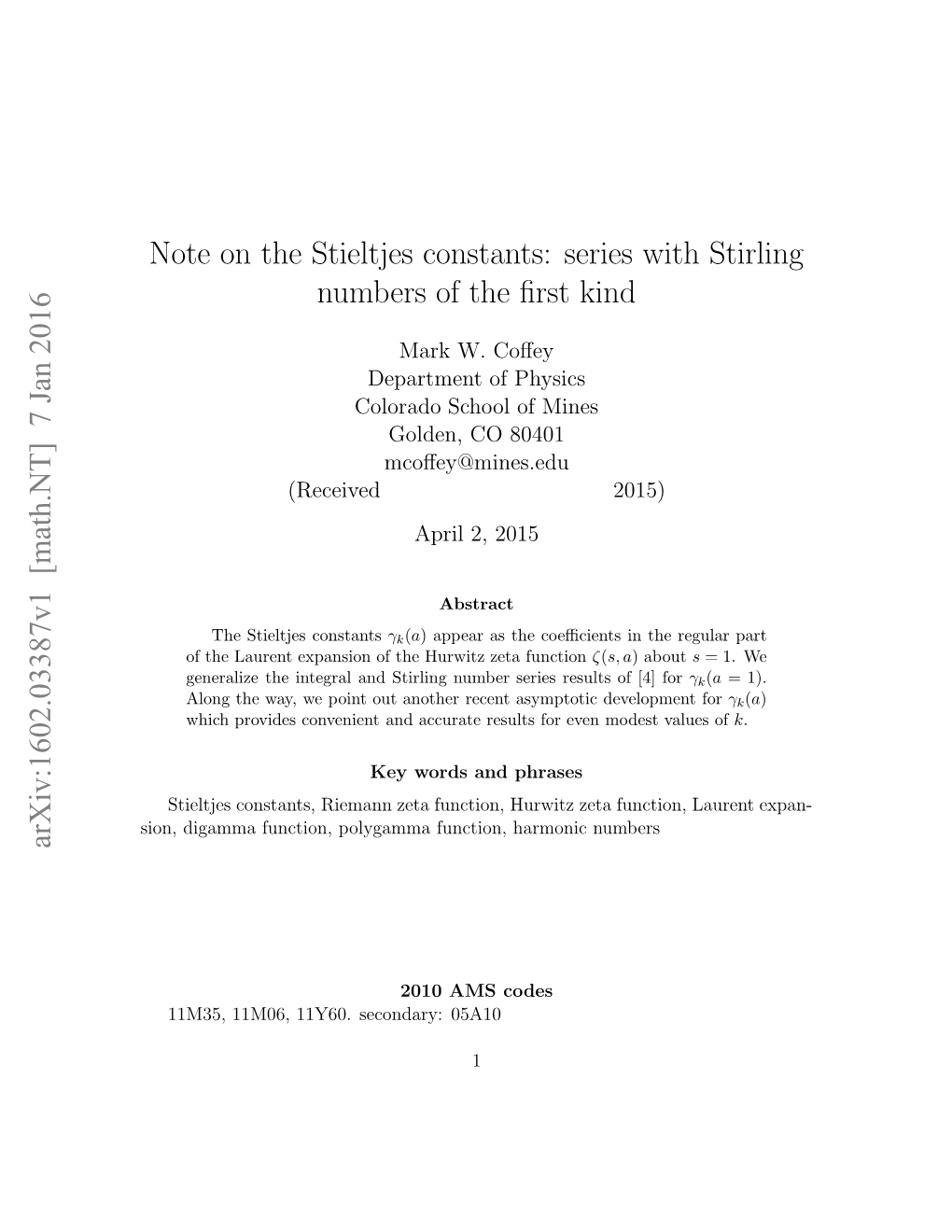 Note on the Stieltjes Constants: Series with Stirling Numbers of the First Kind