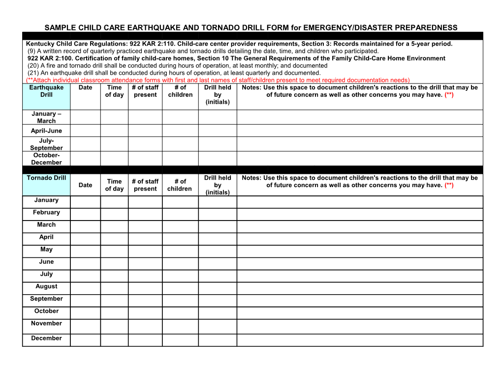 SAMPLE CHILD CARE EARTHQUAKE and TORNADO DRILL FORM for EMERGENCY/DISASTER PREPAREDNESS