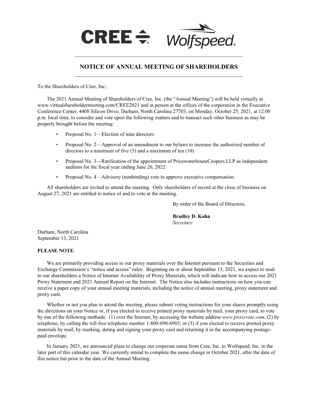 Notice of Annual Meeting of Shareholders ______