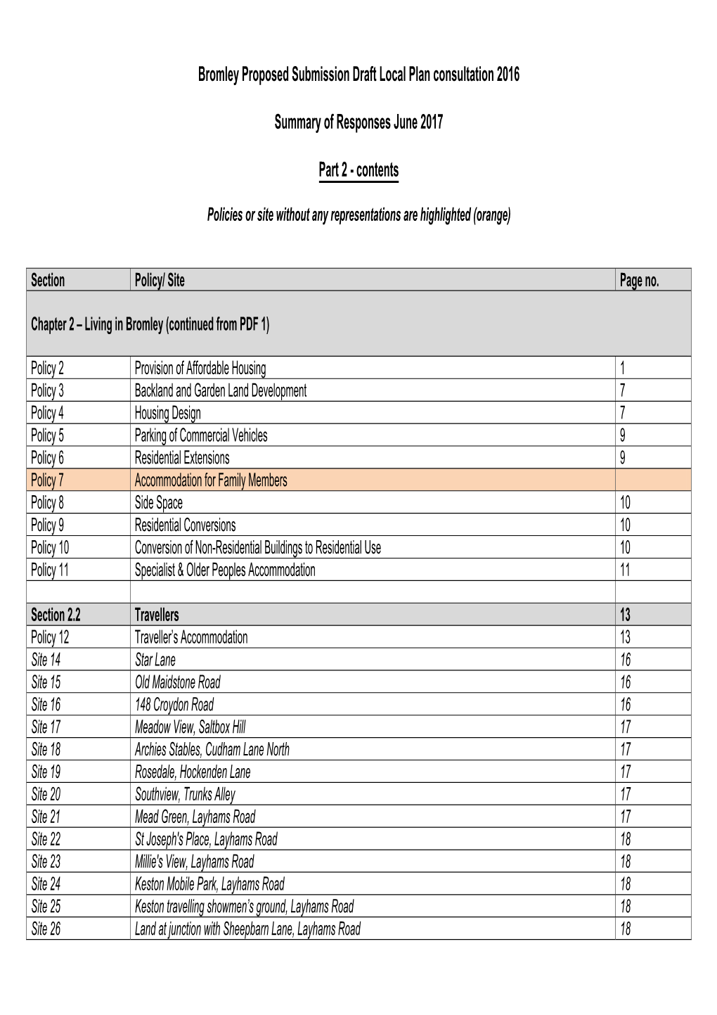 Bromley Proposed Submission Draft Local Plan Consultation 2016 Summary of Responses June 2017 Part 2