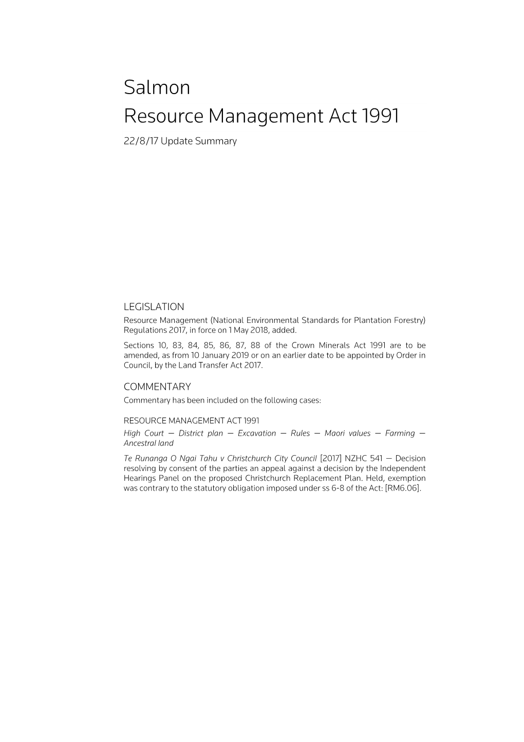 Salmon Resource Management Act 1991 22/8/17 Update Summary
