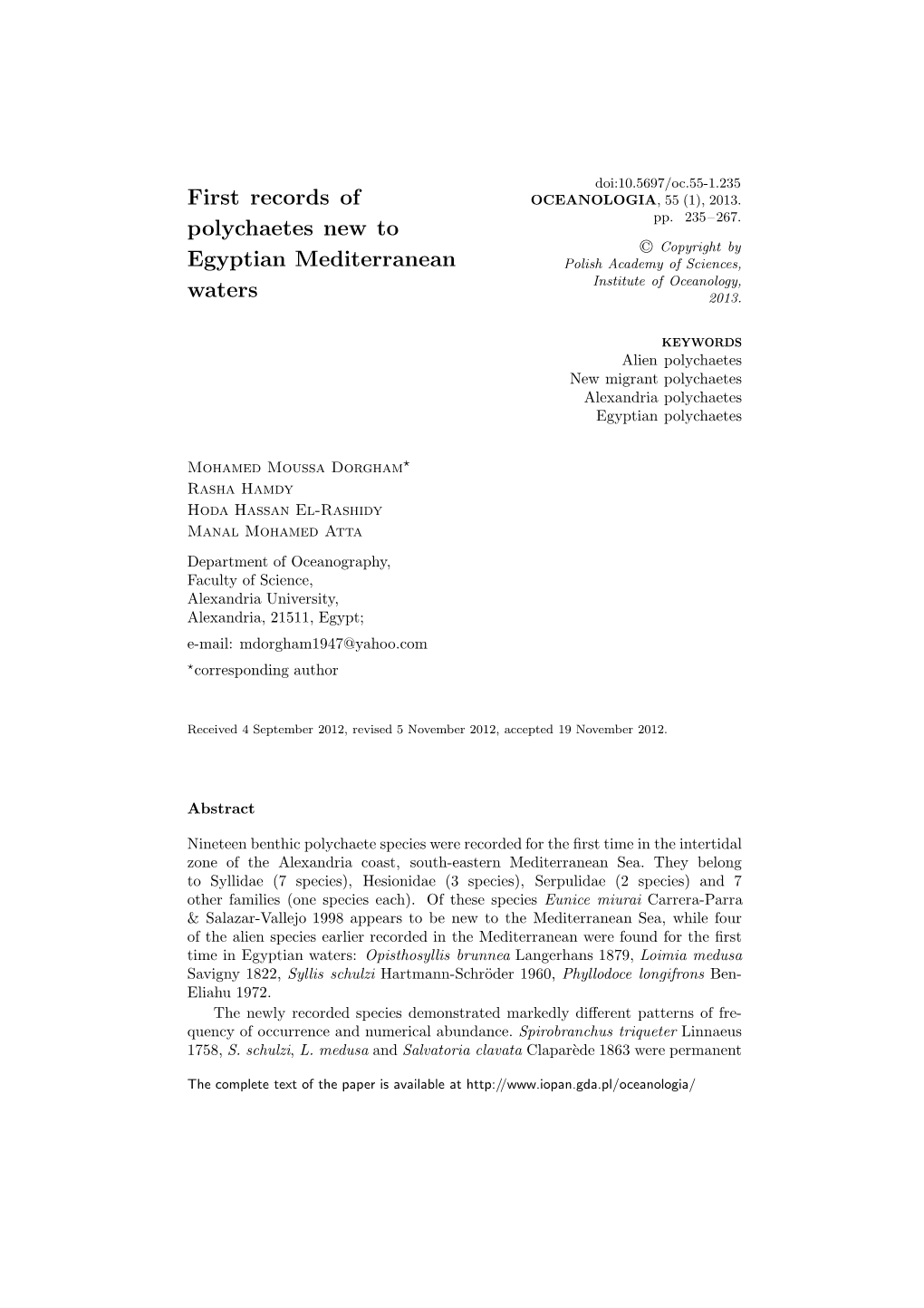 First Records of Polychaetes New to Egyptian Mediterranean Waters 237