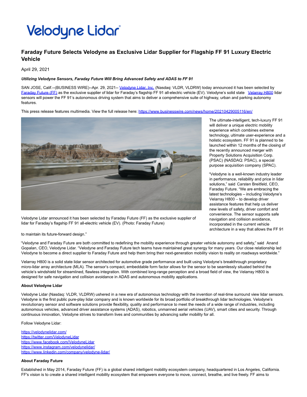 Faraday Future Selects Velodyne As Exclusive Lidar Supplier for Flagship FF 91 Luxury Electric Vehicle