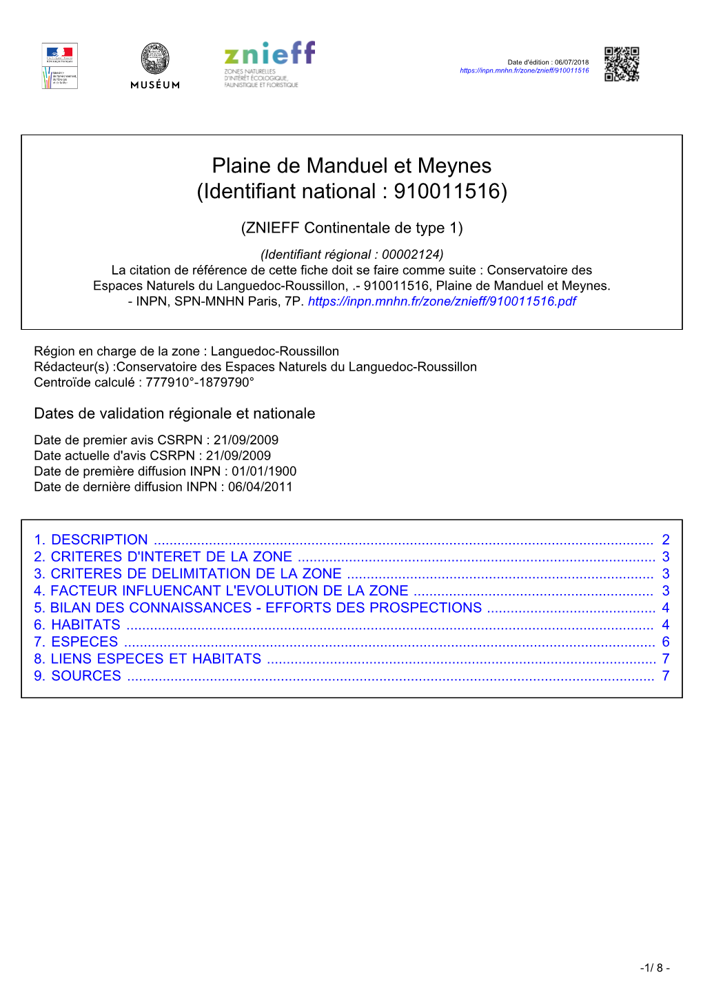 Plaine De Manduel Et Meynes (Identifiant National : 910011516)