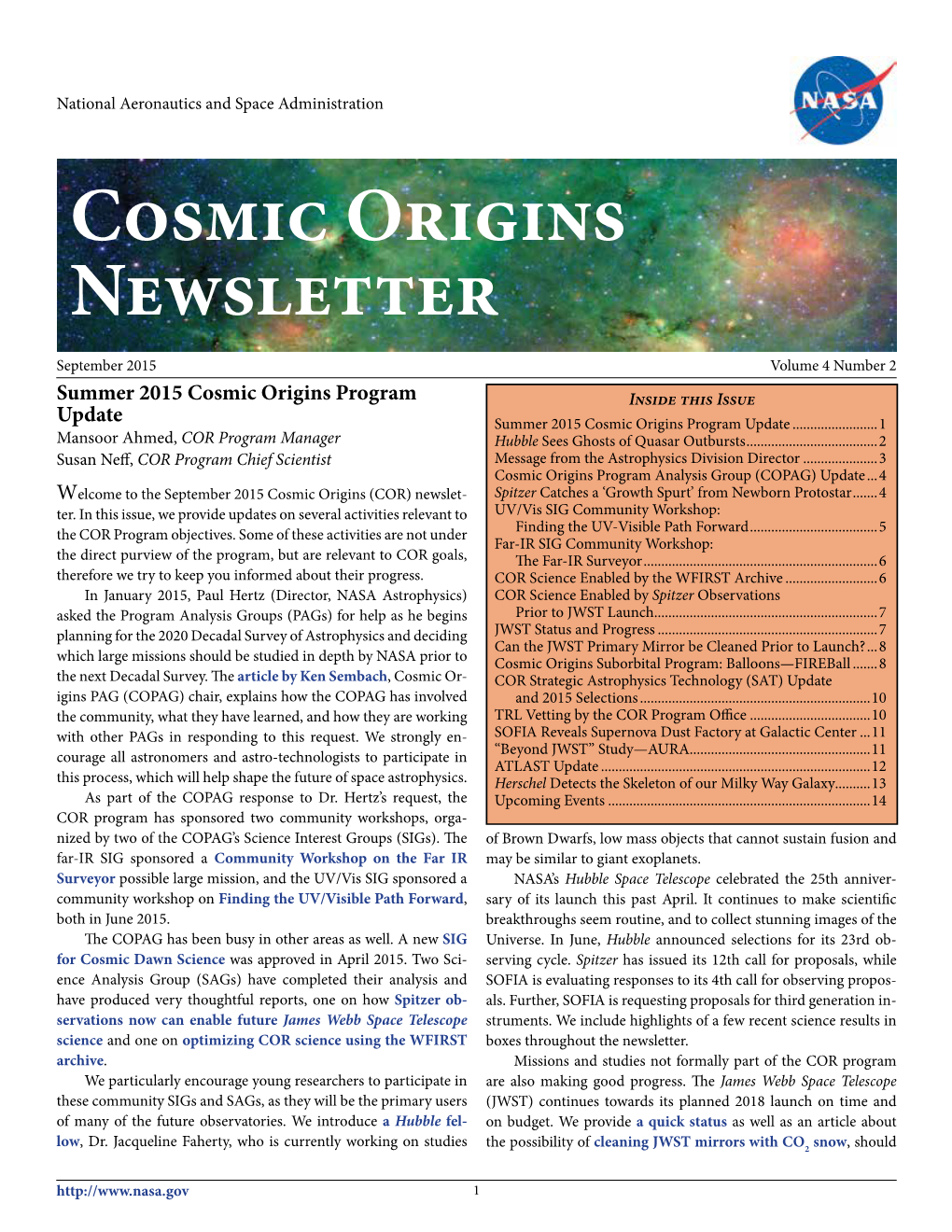 Cosmic Origins Newsletter, September 2015, Vol. 4, No. 2