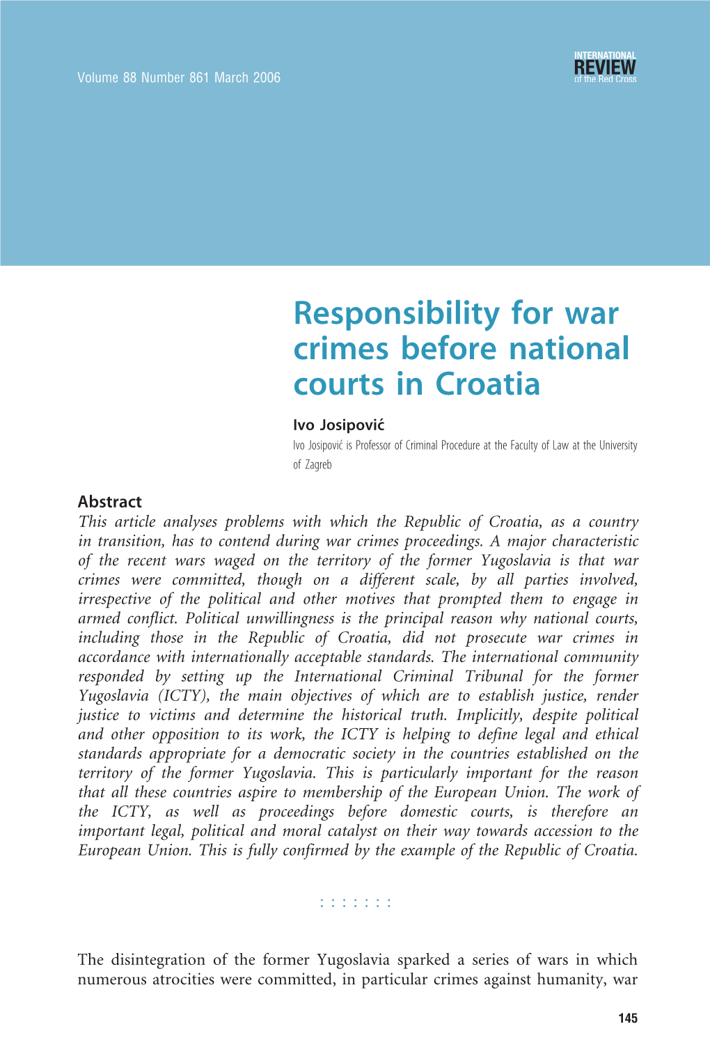 Responsibility for War Crimes Before National Courts in Croatia