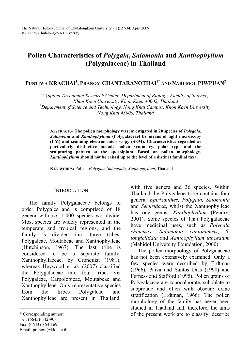 Pollen Characteristics of Polygala, Salomonia and Xanthophyllum (Polygalaceae) in Thailand